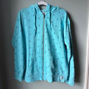 Cuffy's Full Zip Hoodie Turquoise Blue Anchors 100% Cotton Coastal Nautical SZ L